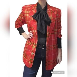 Vintage 80s Red, yellow, black plaid blazer with shoulder pads vintage size 10